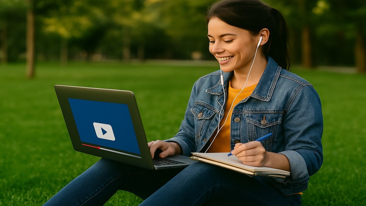 Jovem sentado na grama usando notebook com fones de ouvido e caderno para anotações
