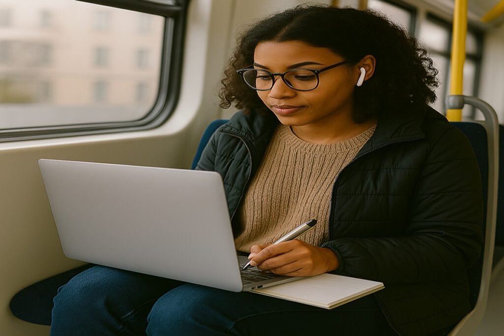 Pessoa concentrada estudando em um notebook durante o trajeto de transporte público