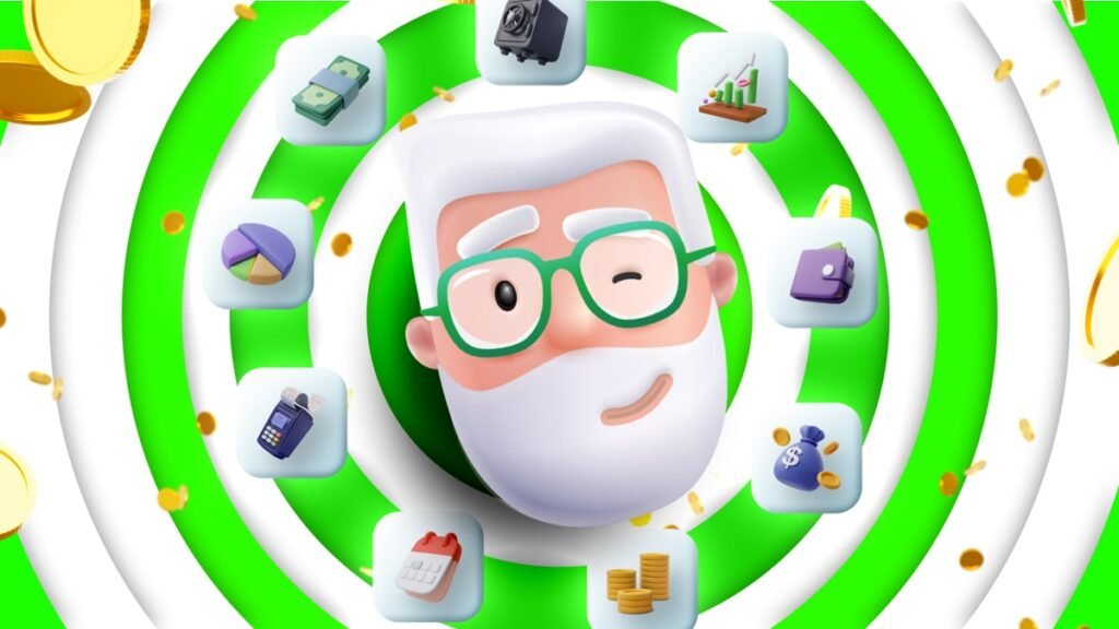 Imagem de ícones financeiros em um fundo verde e branco com moedas douradas ao redor.