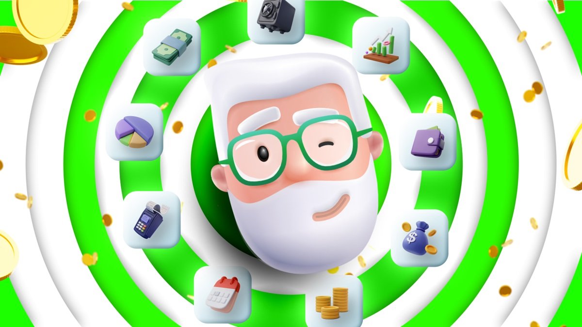 Imagem de ícones financeiros em um fundo verde e branco com moedas douradas ao redor.